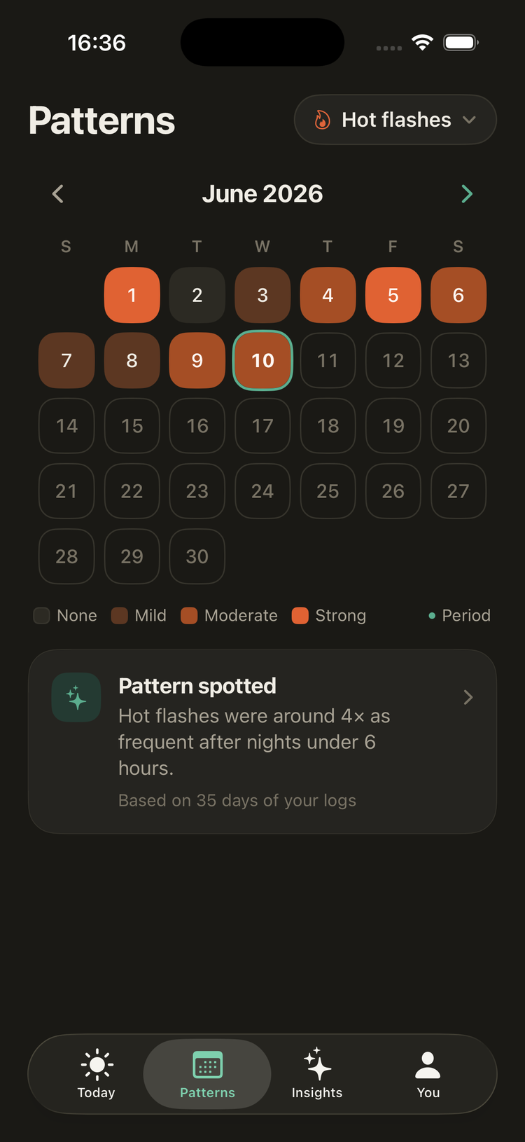 Senara pattern calendar in dark mode